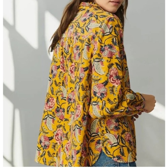 Pilcro Anthropologie Sigourney Corduroy Button-Down Shirt Yellow Floral Sml Boho - Picture 3 of 16